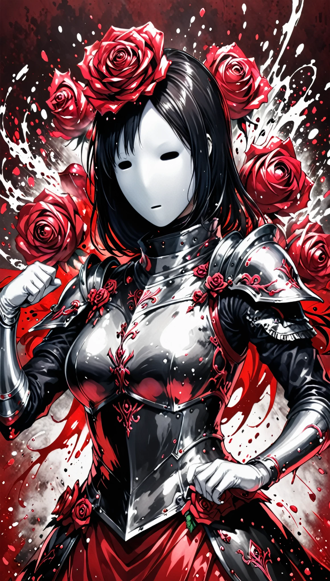 (in style of Takeshi Obata:1.3),character concept design,half body, (ROSE HEAD:1.5) (no face:2.0) female paladin,angry,crazy smile，fighting pose，Magic Effects，Metallic details，Red tone，Unknown background，perfect hands,Core Art，The art of spray painting，Splash Art
