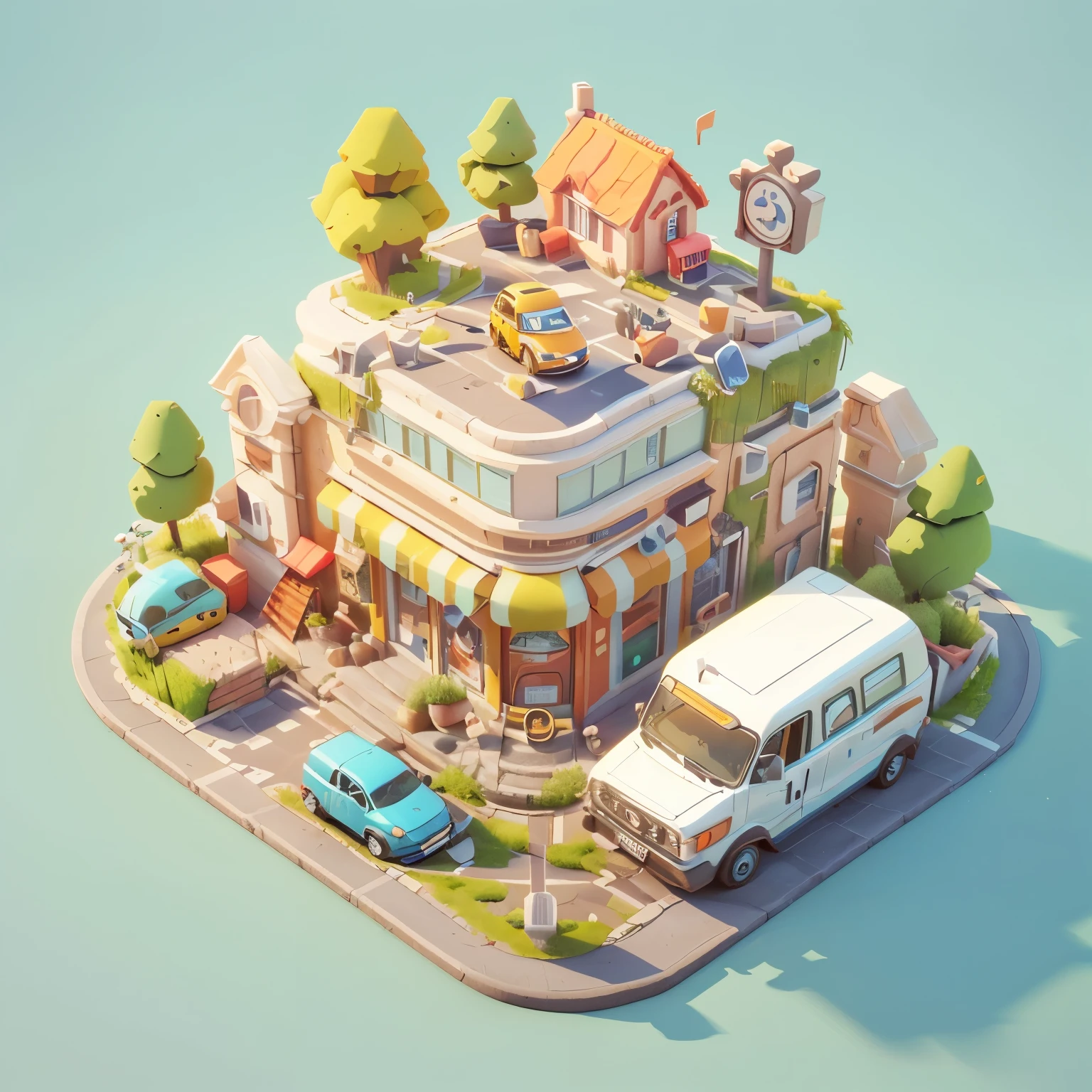 a cartoon illustration of a small town with a car and a van, 3 d render stylized, stylized 3d render, 3d illustration, 3 d illustration, isometric 3d render, 3 d stylize scene, cute 3 d render, 3d matte illustration, 3 d epic illustrations, realistic 3 d style, 3 d illutration