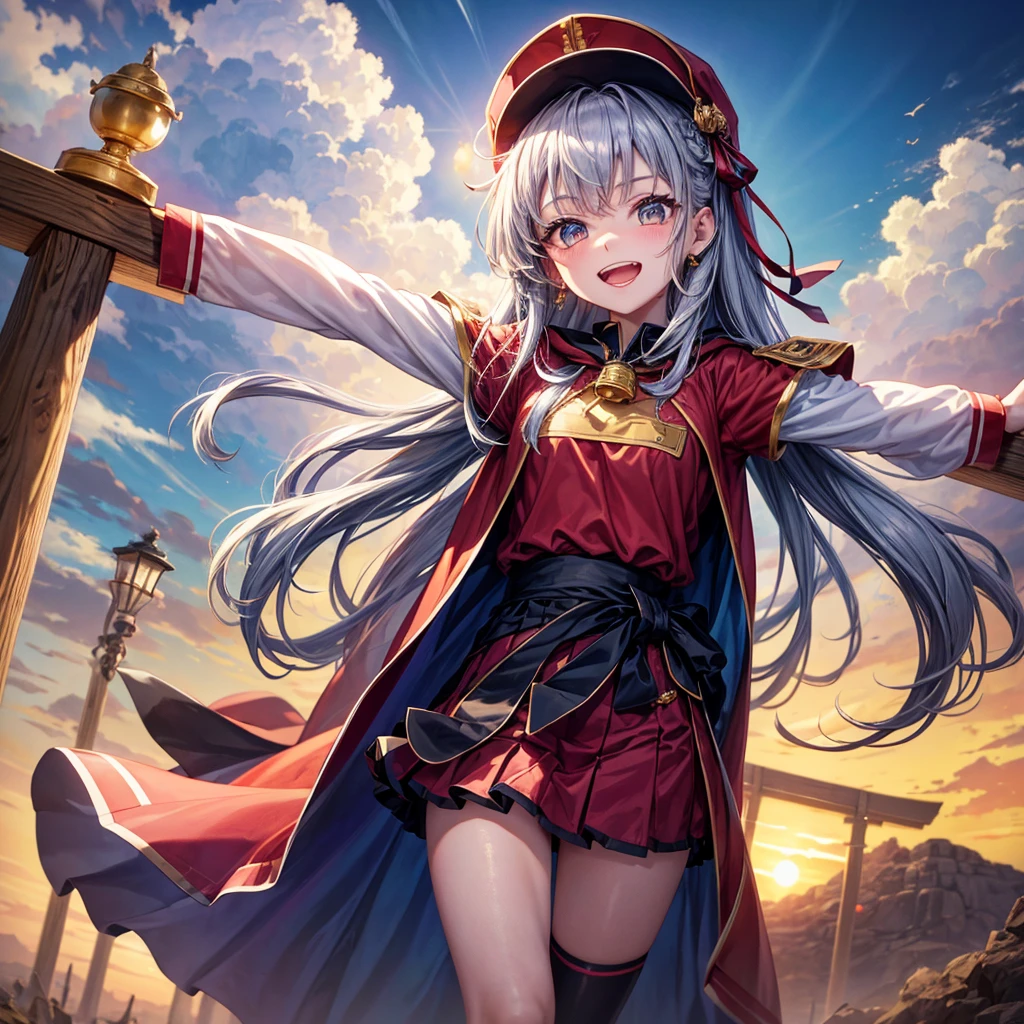 Red Blue Hair、Golden Eyes、Braid、One good looking girl、solo、anime、Checkered mini skirt、Ruffles on the skirt、Red T-shirt、Cape、Gothic、Black knee-high socks、Wearing a baseball cap、Wearing a ribbon、Ribbon on waist、Tilting face、Teeth are visible、Sunset sky、Piercing the clouds、Contrail、Cumulonimbus、Pillar of Light、Silver coin necklace、A world of light、Spreading his arms for balance、shine、Tap from above、bell、torii、Desert Oasis