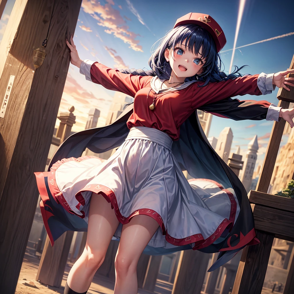 Red Blue Hair、Golden Eyes、Braid、One good looking girl、solo、anime、Checkered mini skirt、Ruffles on the skirt、Red T-shirt、Cape、Gothic、Black knee-high socks、Wearing a baseball cap、Wearing a ribbon、Ribbon on waist、Tilting face、Teeth are visible、Sunset sky、Piercing the clouds、Contrail、Cumulonimbus、Pillar of Light、Silver coin necklace、A world of light、Spreading his arms for balance、shine、Tap from above、bell、torii、Desert Oasis