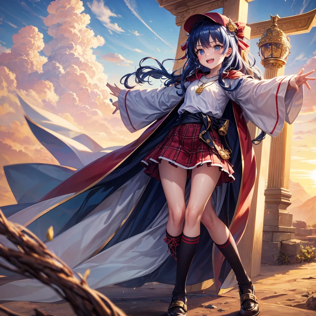 Red Blue Hair、Golden Eyes、Braid、One good looking girl、solo、anime、Checkered mini skirt、Ruffles on the skirt、Red T-shirt、Cape、Gothic、Black knee-high socks、Wearing a baseball cap、Wearing a ribbon、Ribbon on waist、Tilting face、Teeth are visible、Sunset sky、Piercing the clouds、Contrail、Cumulonimbus、Pillar of Light、Silver coin necklace、A world of light、Spreading his arms for balance、shine、Tap from above、bell、torii、Desert Oasis