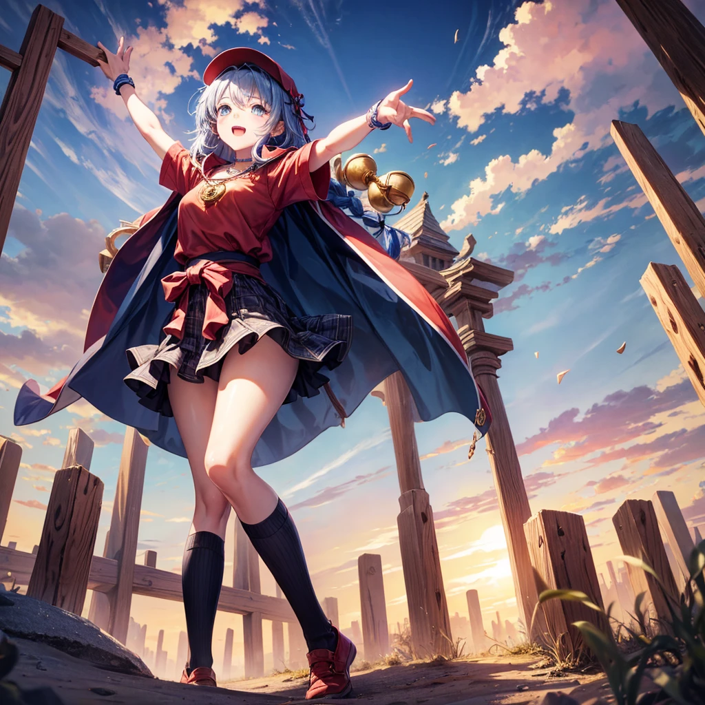 Red Blue Hair、Golden Eyes、Braid、One good looking girl、solo、anime、Checkered mini skirt、Ruffles on the skirt、Red T-shirt、Cape、Gothic、Black knee-high socks、Wearing a baseball cap、Wearing a ribbon、Ribbon on waist、Tilting face、Teeth are visible、Sunset sky、Piercing the clouds、Contrail、Cumulonimbus、Pillar of Light、Silver coin necklace、A world of light、Spreading his arms for balance、shine、Tap from above、bell、torii、Desert Oasis