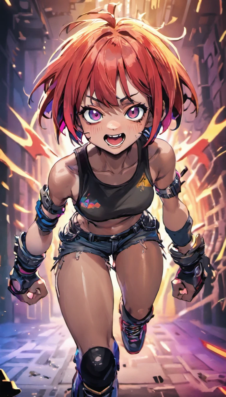 a photorealistic young woman with big eyes, a crazy colorful short hairstyle, and a crazy smile, wearing an old military helmet, a torn tank top, short shorts, colorful knee-high socks, and untied oversized combat boots, set against an immersive punks background, (best quality,4k,8k,highres,masterpiece:1.2),ultra-detailed,(realistic,photorealistic,photo-realistic:1.37),HDR,UHD,studio lighting,ultra-fine painting,sharp focus,physically-based rendering,extreme detail description,professional,vivid colors,bokeh