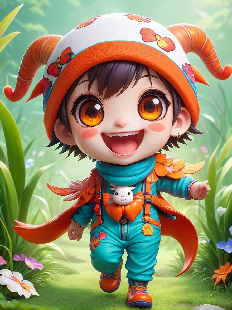 (chibi),(masterpiece, top quality, best quality, official art, beautiful and aesthetic:1.2), Cute lamb,koi, chibi face,Grass,Red scars,Grin,Wearing chaotic and brightly colored clothing,Cute cartoon crossbody shoulder bag,Orange cartoon glasses,Patterned beanie,1fkxc1