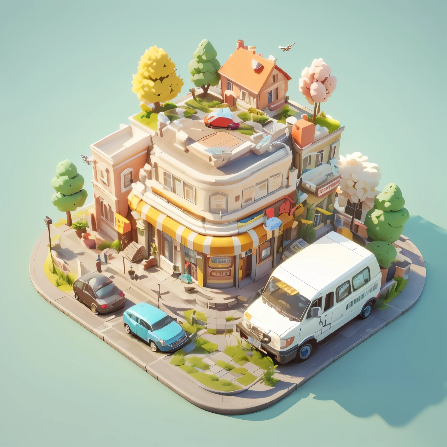 a cartoon illustration of a small town with a car and a van, 3 d render stylized, stylized 3d render, 3d illustration, 3 d illustration, isometric 3d render, 3 d stylize scene, cute 3 d render, 3d matte illustration, 3 d epic illustrations, realistic 3 d style, 3 d illutration