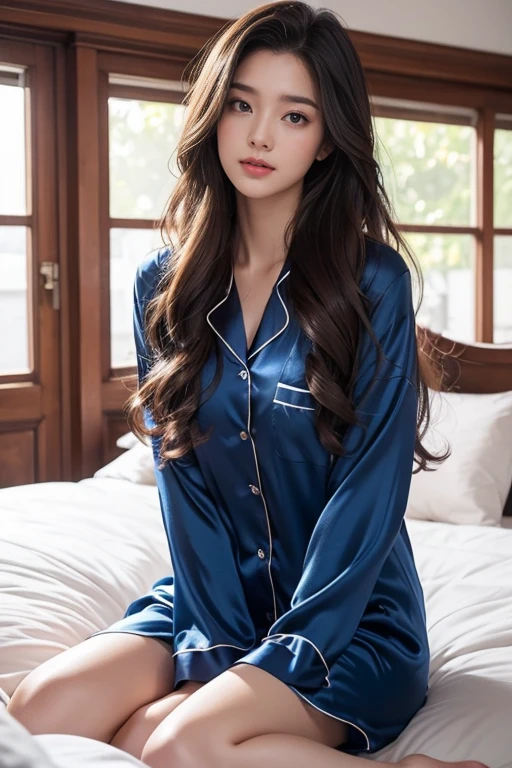 highest quality、4K、Perfect Face、Perfect Style、Sunburn、beautiful、silk dark blue pajamas、Mature、long curly layer brown hair、Swept-back hair、full body, in bedroom、no make up、in morning、sexy 、charming、healthy