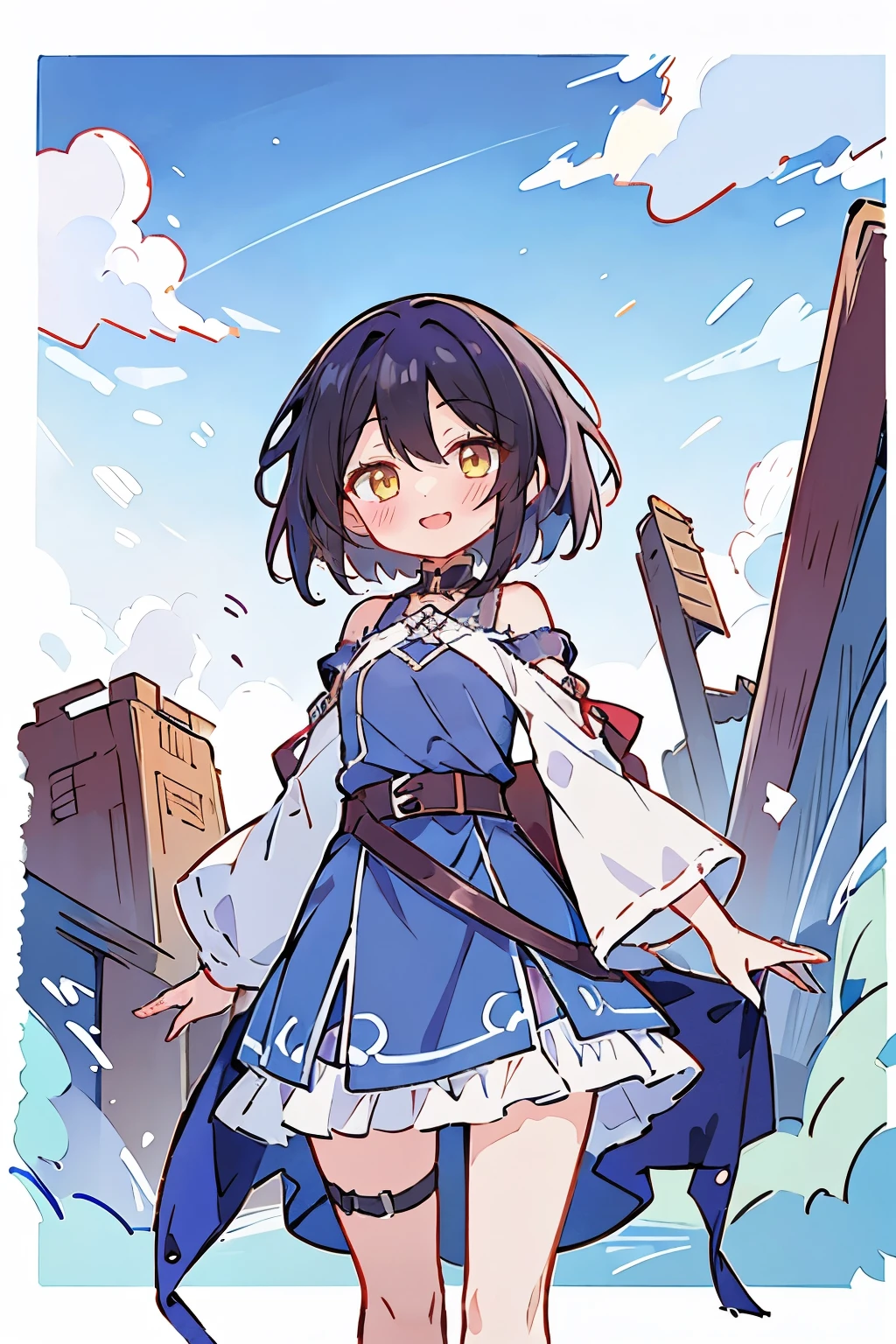 hui xiyi, rekkyo sensen, rekkyou sensen, fantasy world, ruins, fort, beautiful sky, shining sky, sunshine, camisoles, belts, blue clothes, cross choker, wind blowing dress, lace dress, off-shoulder sleeves, white thighswear, medium hair, short hair