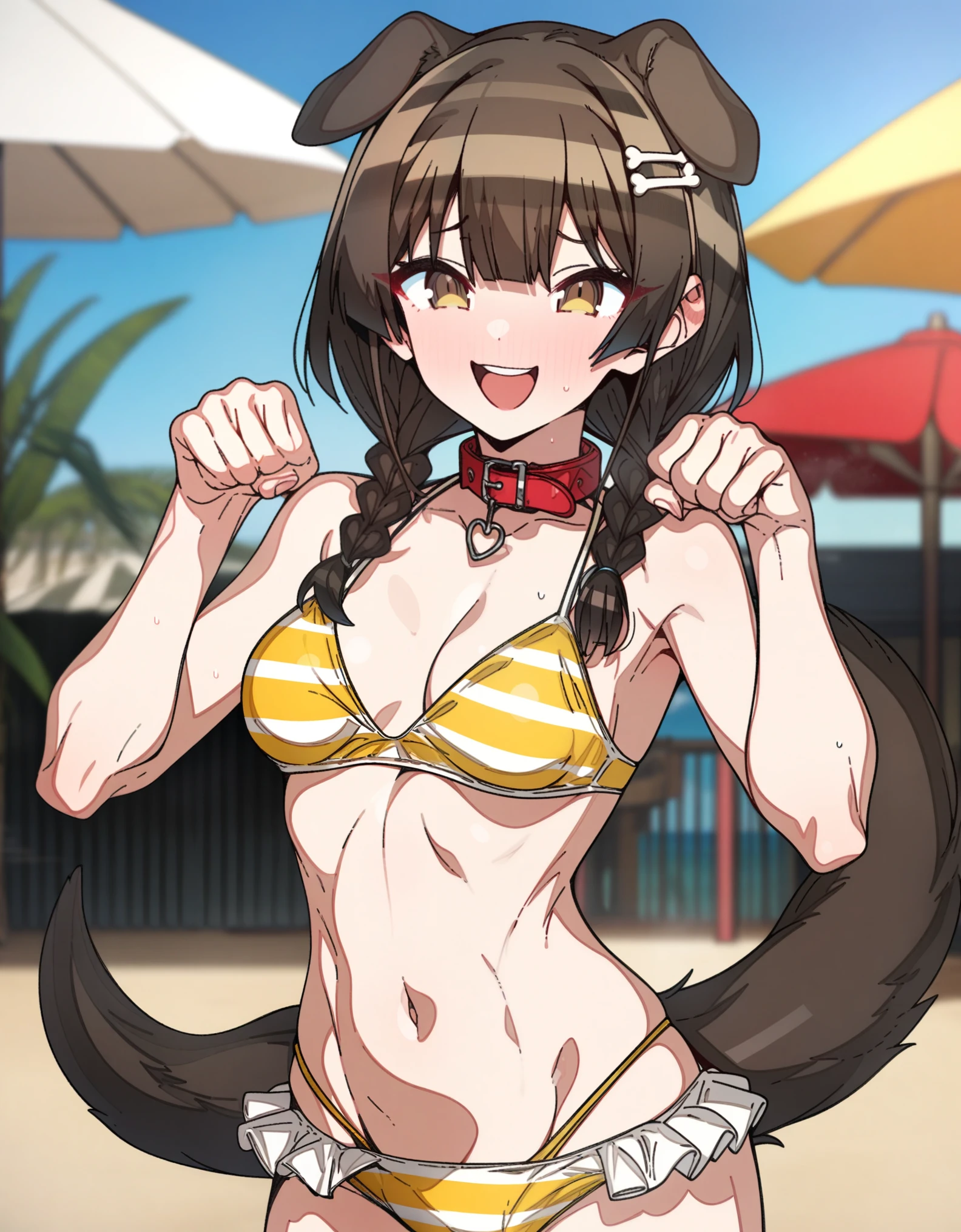 houshou_marine with brown hair and brown eyes, Artist, erere, Copyrights, idolmaster, idolmaster_shiny_colors, Character, General, 1girl, brown_hair, blunt_bangs, blush, medium_, breasts, brown_eyes, censored, striped bikini, yellow_bikini, frilled_bikini, navel, dog_tail, animal_collar, twin_braids, dog_ears, bone_hair_ornament, raised_eyebrows, paw_pose, :d:0.5, teeth, raised_eyebrows, (full_body) (standing in middle, beach_umbrella), sky:0.5, detailed, sand, outdoors, from_side, looking_at_viewer, masterpiece, best_quality, great_quality, girl, solo, center_composition, centered character, cute