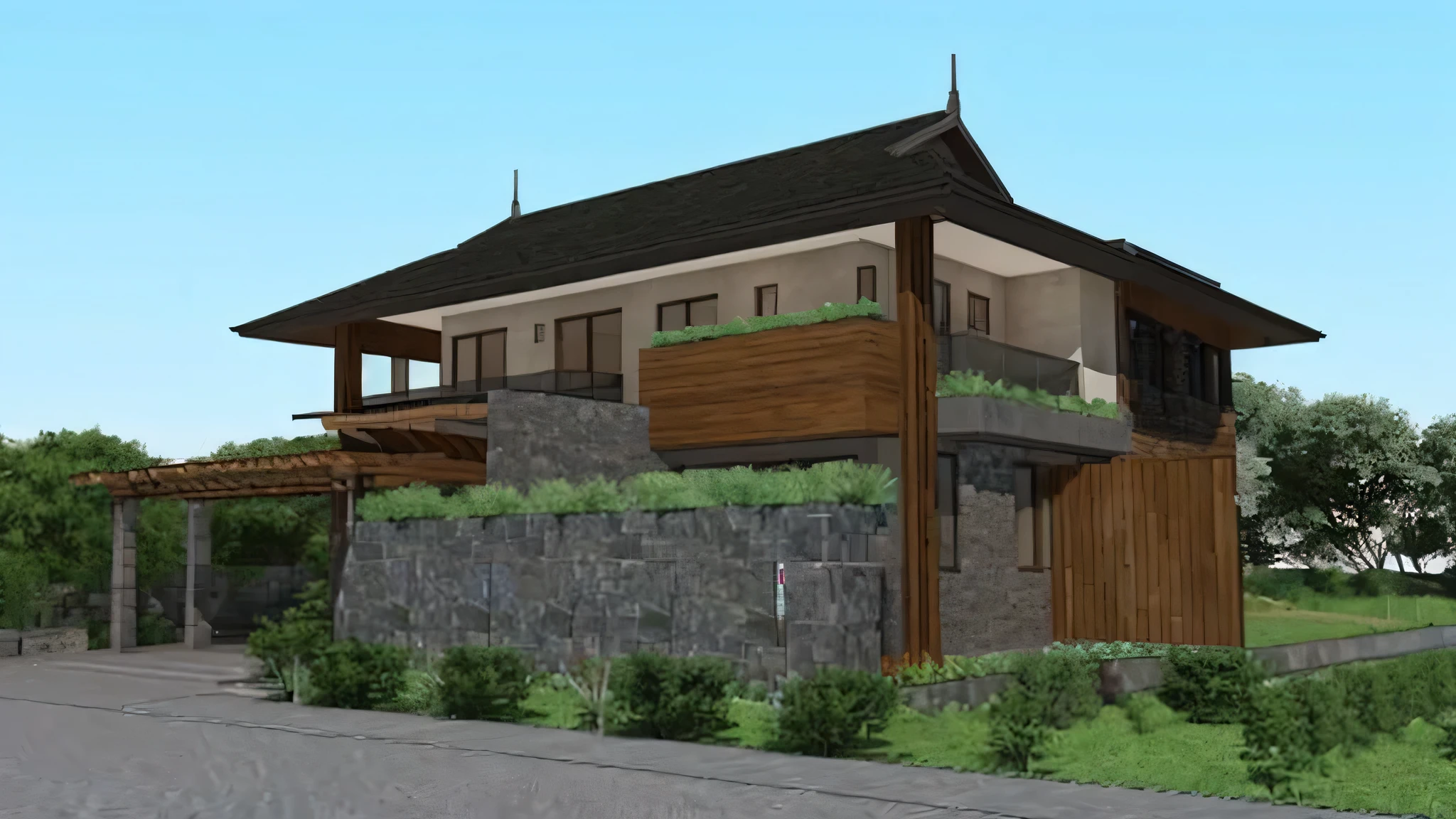 a highly realistic rendering of a house with a stone wall and a wooden roof, stone mosaic walls, wooden textured panels, frontview, architectural 3 d render, exterior design, vue 3d render, high quality rendering, concept house, architectural render, inter dimensional villa, professional render, highly rendered!!, 3 - d render, 3 d rendering!, 3d rendering!, detailed rendering