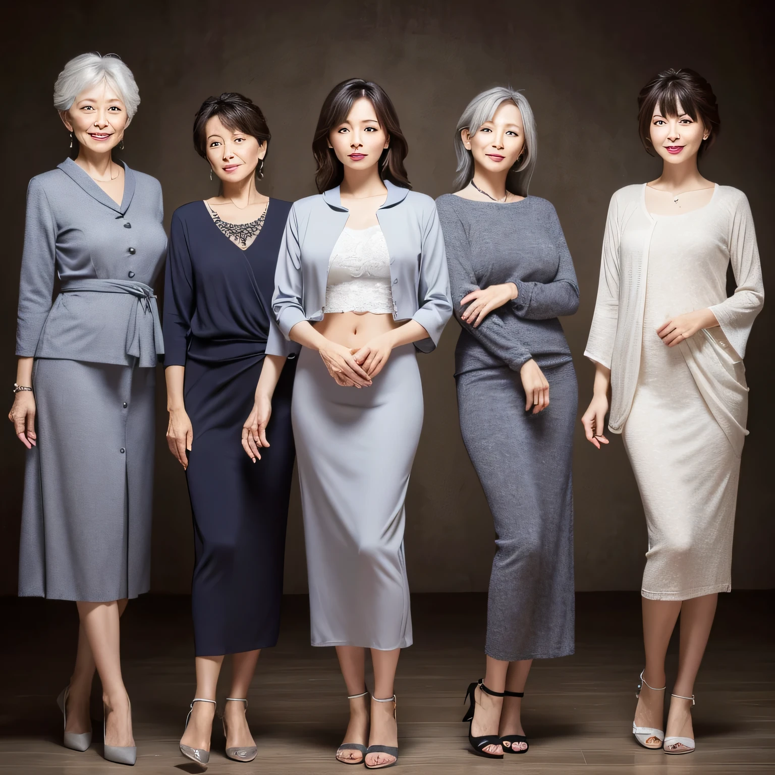 (masterpiece, High resolution,highest quality: 1.2), High Detail,Japanese,woman,Clothing,Slender,slim,Showing her belly,50 years old,Gray Hair,3 people