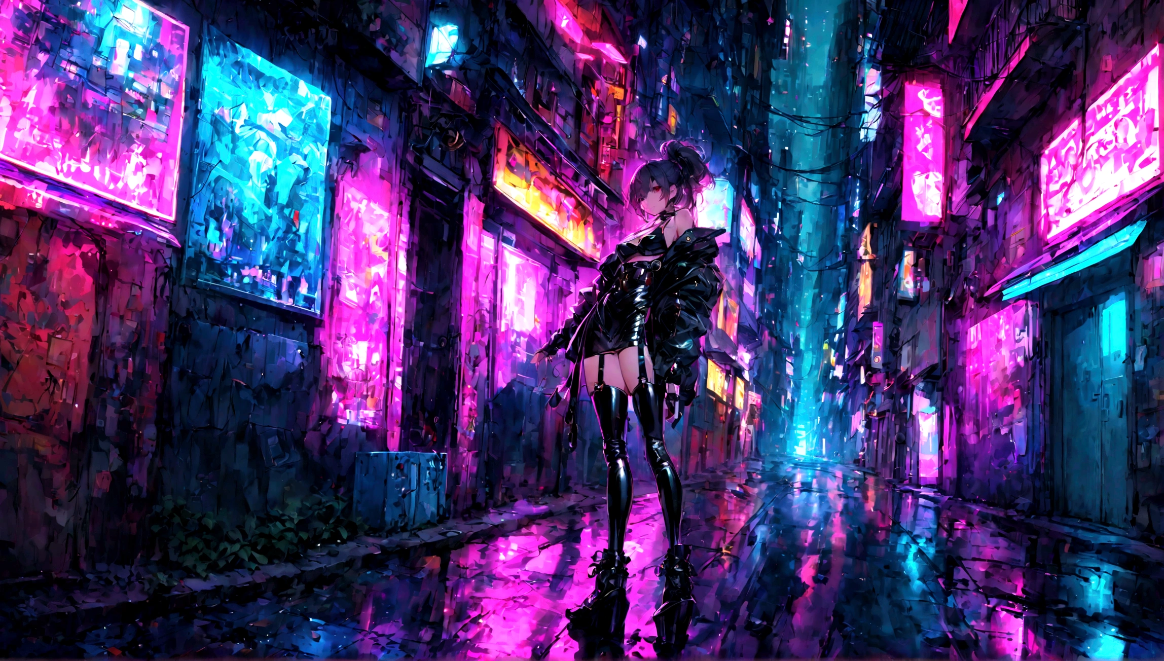 Create an image of a girl dressed in black latex in a neon-lit, hidden alley of a futuristic cyberpunk city. The scene should be dark and atmospheric, with vibrant neon signs and holograms illuminating the narrow streets. The girl should have an edgy and confident look, with elements like high-tech gadgets or accessories that fit the cyberpunk theme
