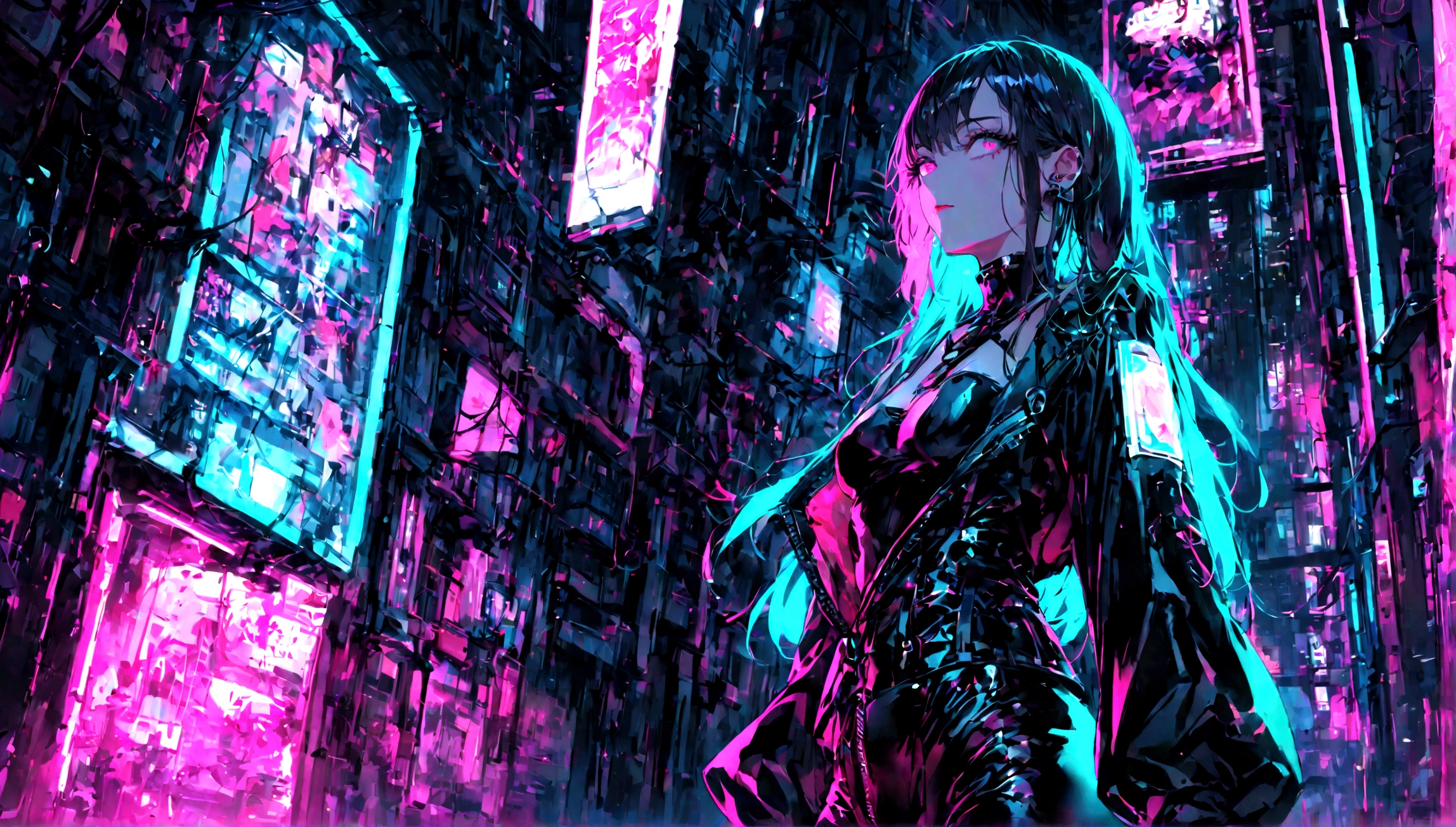 Create an image of a girl dressed in black latex in a neon-lit, hidden alley of a futuristic cyberpunk city. The scene should be dark and atmospheric, with vibrant neon signs and holograms illuminating the narrow streets. The girl should have an edgy and confident look, with elements like high-tech gadgets or accessories that fit the cyberpunk theme