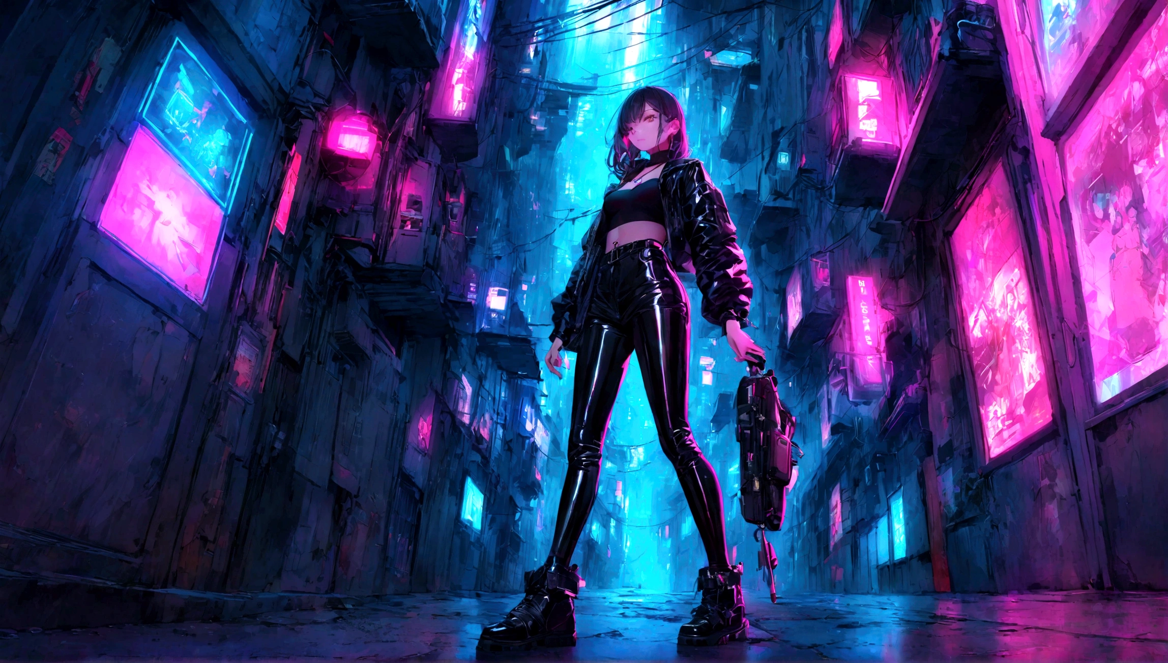 Create an image of a girl dressed in black latex in a neon-lit, hidden alley of a futuristic cyberpunk city. The scene should be dark and atmospheric, with vibrant neon signs and holograms illuminating the narrow streets. The girl should have an edgy and confident look, with elements like high-tech gadgets or accessories that fit the cyberpunk theme