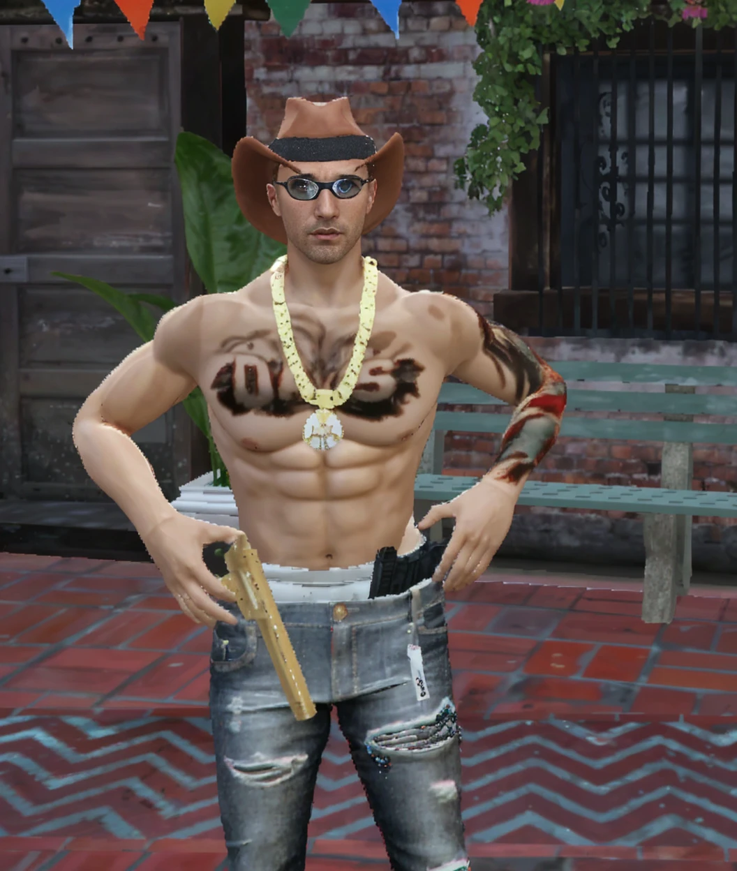 there is a man with tattoos and a hat standing next to a teddy bear, full body shot close up, second life avatar, full body close-up shot, close up half body shot, upper body avatar, technoviking male with no shirt, full body!! maximalist details, imvu, riffle on chest, close full body shot, full body! shot