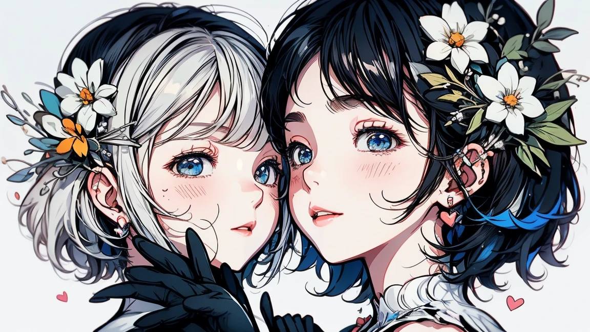 best quality, 32k, RAW photo, incredibly absurdres, extremely detailed, delicate texture, two women, kissing on the cheek, smiling shyly, cute, beautiful, (medium messy wavy hair) and (short pixie cut), background pastel color, motion-blur, action-lines, professional lighting, watercolor art drawing