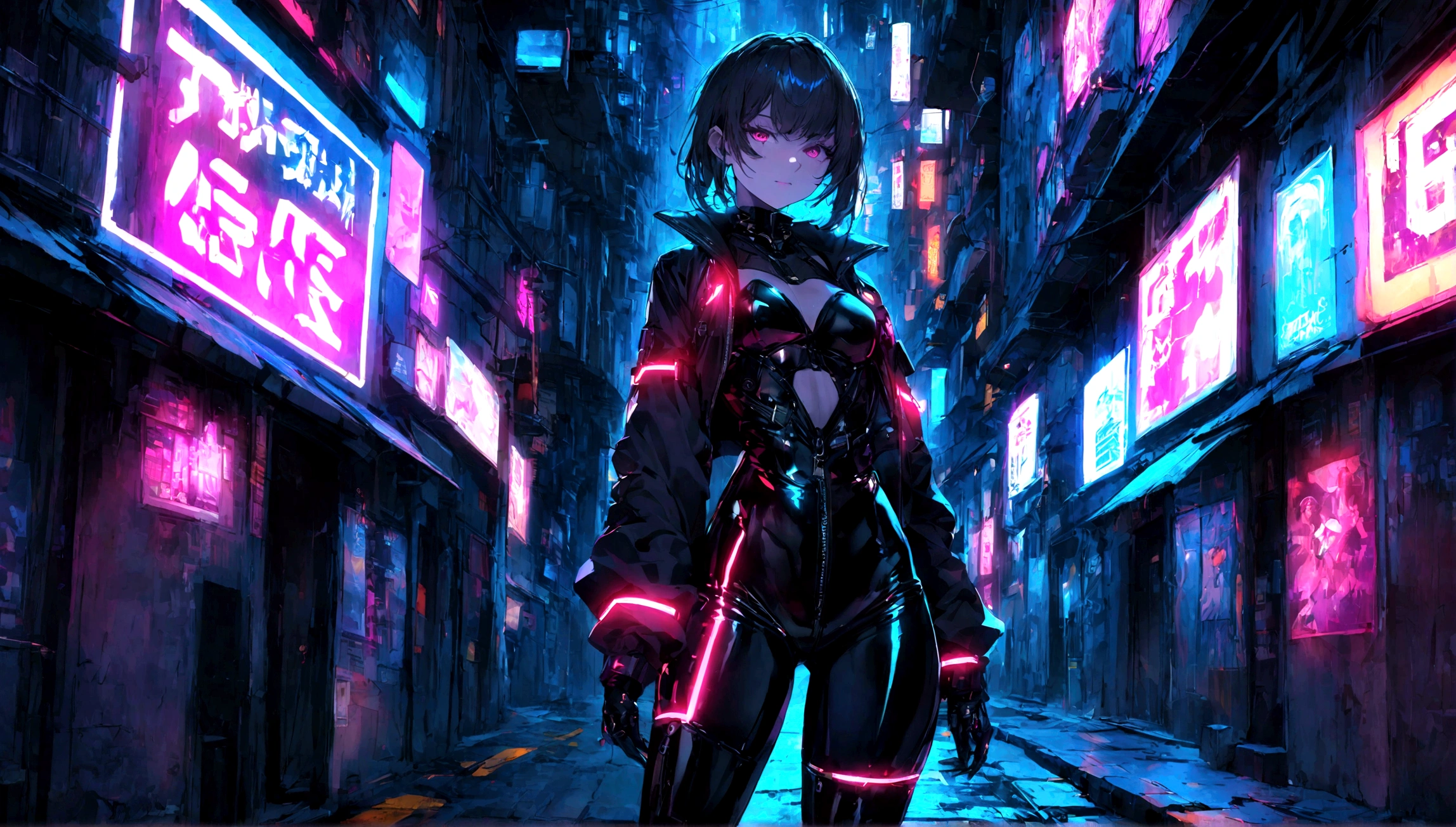Create an image of a girl dressed in black latex in a neon-lit, hidden alley of a futuristic cyberpunk city. The scene should be dark and atmospheric, with vibrant neon signs and holograms illuminating the narrow streets. The girl should have an edgy and confident look, with elements like high-tech gadgets or accessories that fit the cyberpunk theme