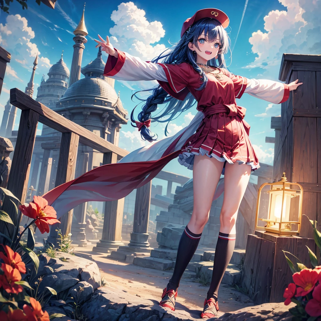 Red Blue Hair、Golden Eyes、Braid、One good looking girl、solo、anime、Checkered mini skirt、Ruffles on the skirt、Red T-shirt、Cape、Gothic、Black knee-high socks、Wearing a baseball cap、Wearing a ribbon、Ribbon on waist、Tilting face、Teeth are visible、Sunset sky、Piercing the clouds、Contrail、Cumulonimbus、Pillar of Light、Silver coin necklace、A world of light、Spreading his arms for balance、shine、Tap from above、bell、torii、Desert Oasis、Magic square in the sky