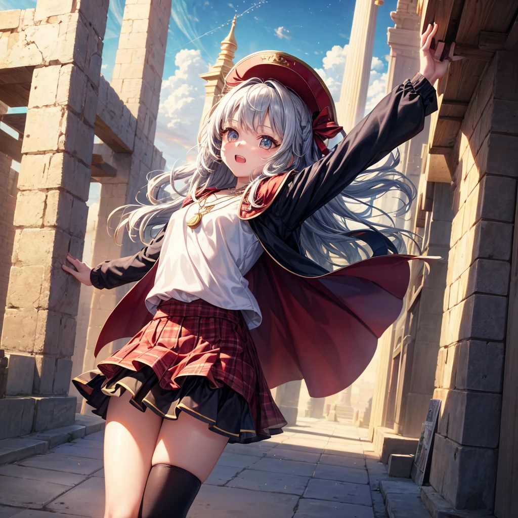 Red Blue Hair、Golden Eyes、Braid、One good looking girl、solo、anime、Checkered mini skirt、Ruffles on the skirt、Red T-shirt、Cape、Gothic、Black knee-high socks、Wearing a baseball cap、Wearing a ribbon、Ribbon on waist、Tilting face、Teeth are visible、Sunset sky、Piercing the clouds、Contrail、Cumulonimbus、Pillar of Light、Silver coin necklace、A world of light、Spreading his arms for balance、shine、Tap from above、bell、torii、Desert Oasis、Magic square in the sky