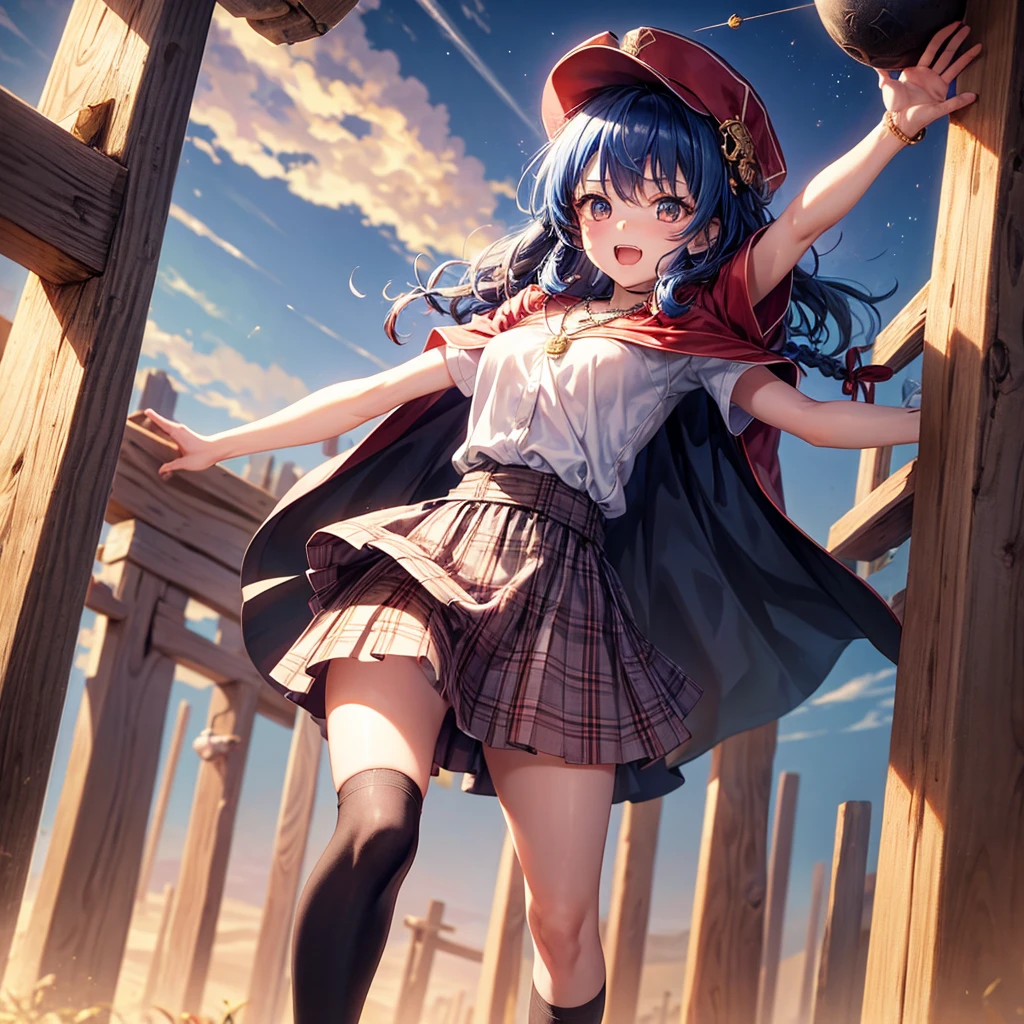 Red Blue Hair、Golden Eyes、Braid、One good looking girl、solo、anime、Checkered mini skirt、Ruffles on the skirt、Red T-shirt、Cape、Gothic、Black knee-high socks、Wearing a baseball cap、Wearing a ribbon、Ribbon on waist、Tilting face、Teeth are visible、Sunset sky、Piercing the clouds、Contrail、Cumulonimbus、Pillar of Light、Silver coin necklace、A world of light、Spreading his arms for balance、shine、Tap from above、bell、torii、Desert Oasis、Magic square in the sky