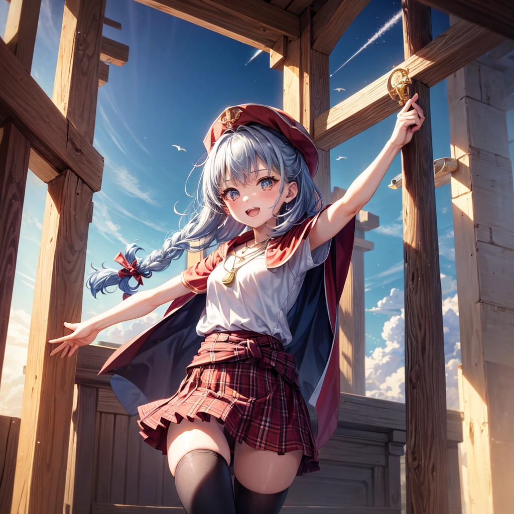 Red Blue Hair、Golden Eyes、Braid、One good looking girl、solo、anime、Checkered mini skirt、Ruffles on the skirt、Red T-shirt、Cape、Gothic、Black knee-high socks、Wearing a baseball cap、Wearing a ribbon、Ribbon on waist、Tilting face、Teeth are visible、Sunset sky、Piercing the clouds、Contrail、Cumulonimbus、Pillar of Light、Silver coin necklace、A world of light、Spreading his arms for balance、shine、Tap from above、bell、torii、Desert Oasis、Magic square in the sky