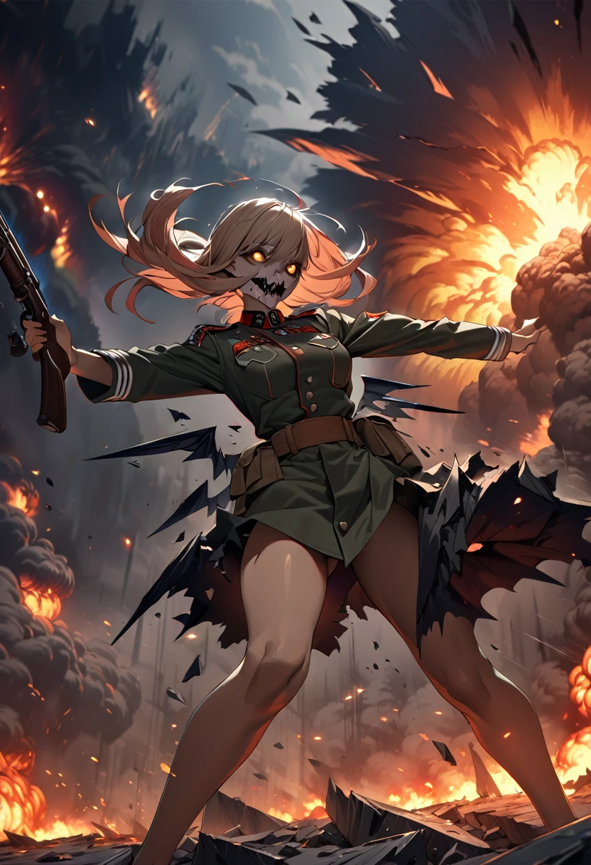 a lone female soldier in old german army uniform,holding rifle,on the battlefield,assaulting,(a beautiful and frightening fallen angel reaching out to grab girl from the darkness behind her:1.5),tense battlefield background,smoke,explosions,best quality,8k,highres,masterpiece,ultra-detailed,realis,HDR,physically-based rendering,extreme detail description,vivid colors