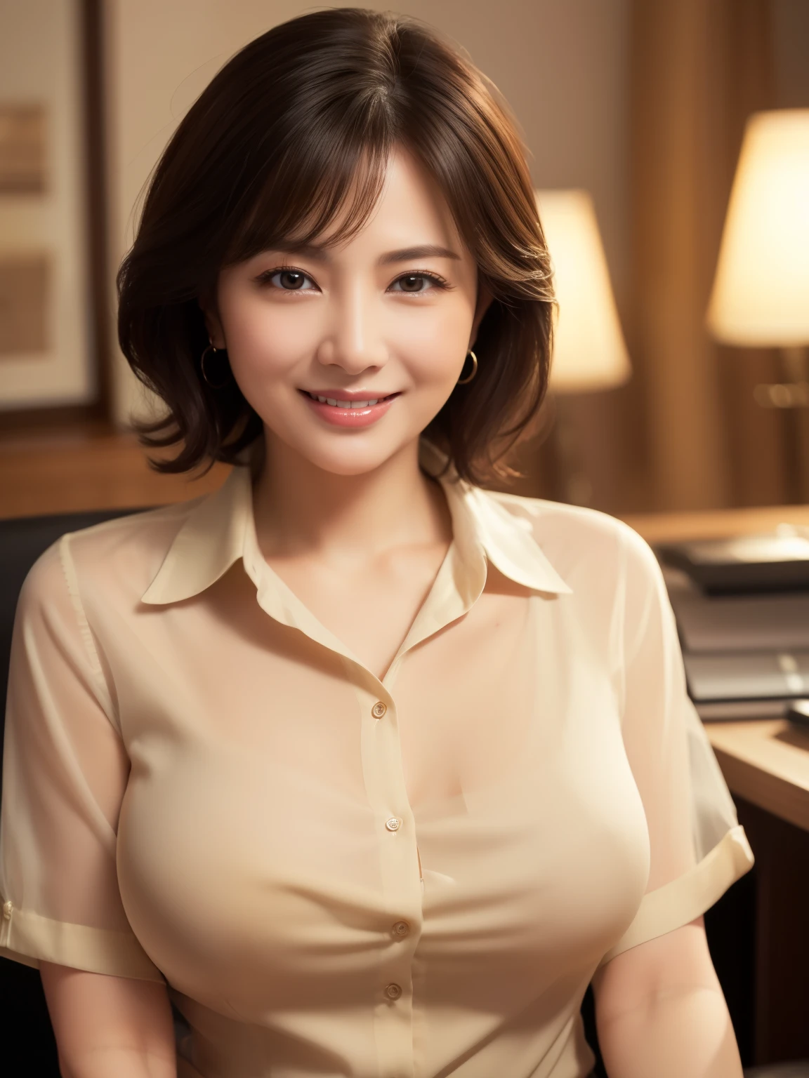 ((masterpiece))、((highest quality))、photograph、reality、High resolution、Advanced Depth of Field、Very detailed、Realistic lighting、Married women、50 years old、Delicate facial features、Short Bob、Disheveled Hair、Realistic background and accessories、Big ample breasts、Sexy smile、Captivating Gaze、Office at night、Beige see-through shirt、that'In the dark、From above、Bust Shot、heavy, Saggy breasts、Skins visible through button gaps、
