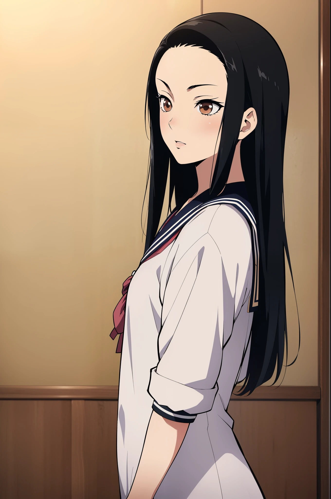 nsfw, (masterpiece, best quality:1.2), kimetsu no yaiba style, kiyomi, (1girl, solo), (black long hair, straight hair), brown eyes, (serafuku, sailor suit), side view