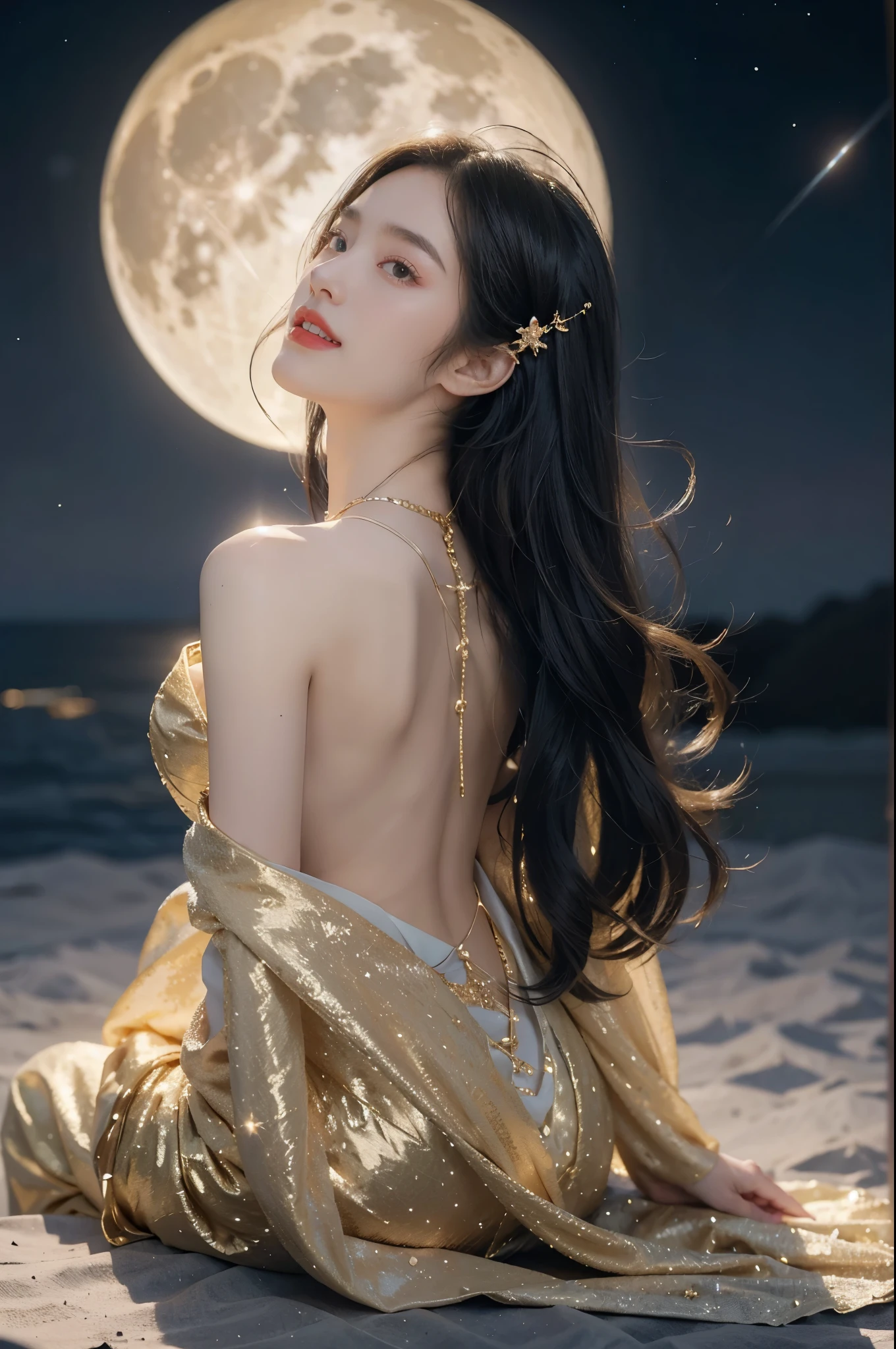 a beautiful girl,gorgeous dress,sitting,on the moon,detailed background of the moon,Moon Goddess,Beautiful Celestial Mage,Goodness of Heaven, Celestial Fairy,very Beautiful fantasy art,8k high quality detailed art,medium straight bob hair,crystal necklace,slim,thin,bare back,towering hips,butt crack,best quality,masterpiece,starry sky,night scene,close-up of face,laughing,realistic,from back