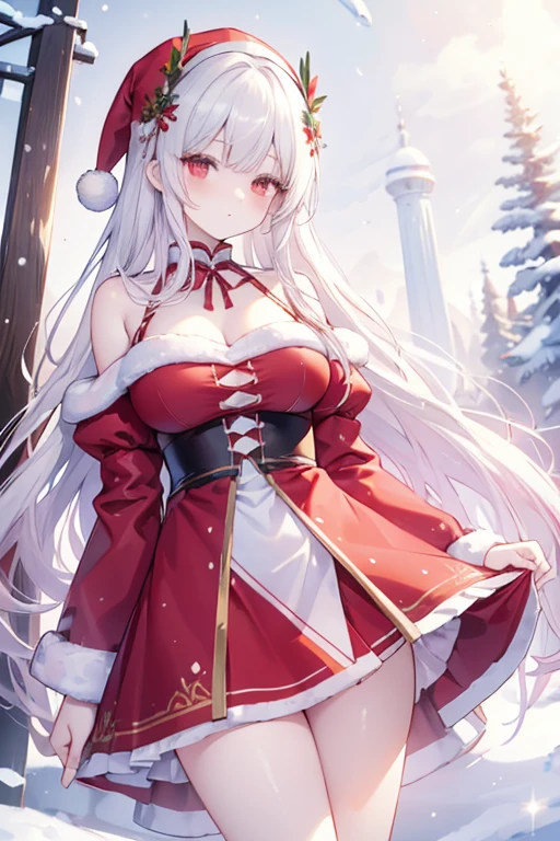 ((((perfect anatomy, super detailed skin)))), 1 girl, japanese, 14 years old, shiny skin, large breasts:0.5, watching the view,
beautiful hair, beautiful face, beautiful detailed eyes, (middle hair:1.4), silver hair,
beautiful clavicle, beautiful body, beautiful chest, beautiful thigh, beautiful legs, babyface, mole under eye, seductive thighs,
((symmetrical clothing, metallic red santa claus hat, metallic red off shoulder santa claus mini dress, white fur cuffs, white long gloves, white fur metallic red middle boots), christmas necklace),
well-styled, walking, ((impatient expression)), (facing the front), (((blushing cheeks, embarassed expression)), (((the skirt is rolled up by the wind))),
(beautiful scenery),winter, midnight, christmas, outdoors, park, (christmas tree), illumination, snow, snowfall:1.5,
(8k, top-quality, masterpiece:1.2, extremely detailed), (photorealistic), beautiful illustration, cinematic lighting,