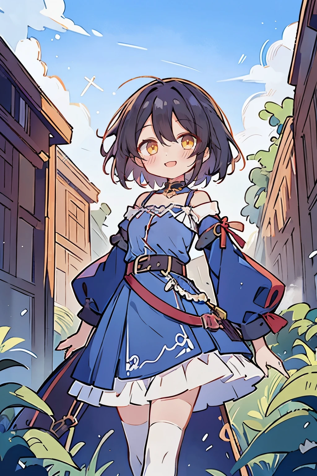 hui xiyi, rekkyo sensen, rekkyou sensen, fantasy world, ruins, fort, beautiful sky, shining sky, sunshine, camisoles, belts, blue clothes, cross choker, wind blowing dress, lace dress, off-shoulder sleeves, white legwear, medium hair