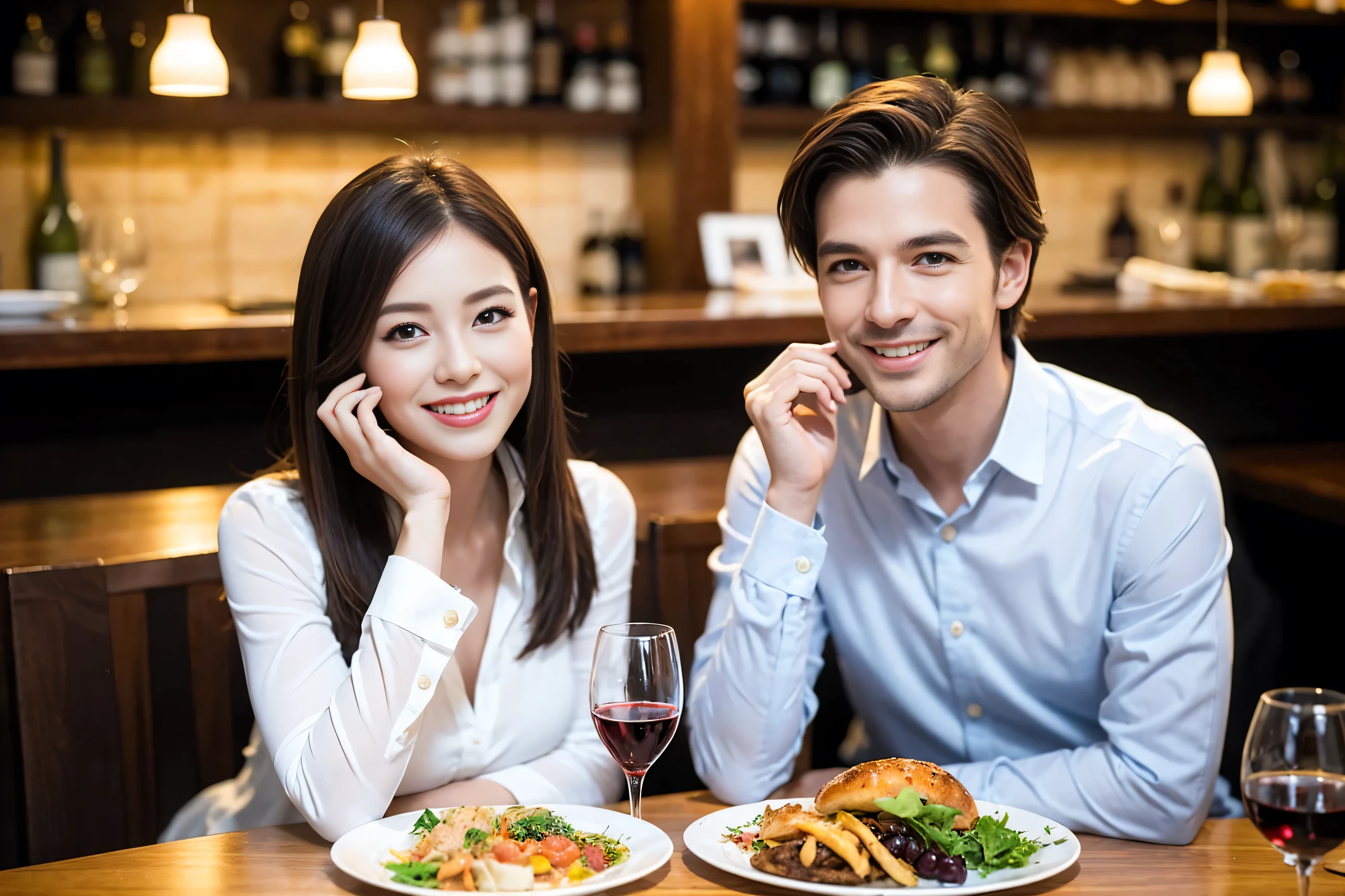 ((highest quality、8k、masterpiece:1.3))、1 male 1 female、lover、Beautiful couple、Smile、full-course dinner、 (Slim face), (the body is スリム), (Brown Hair), (Shortcuts), ((Bob Hale、Straight hair:1.2)), Wine glass on the table、shine a light on your face、 Amazing view of the sunset sky and clouds、The beauty of a smile、Shortcuts, (Age 35), 39 years old, Appetizers、Italian food、Wine bottle、Champagne、sparkling wine、Long sleeve shirt、dress、Attractive beauty、restaurant, Nova Frog Style, actress, model, Upper Body, White wine, red wine, wine glass,