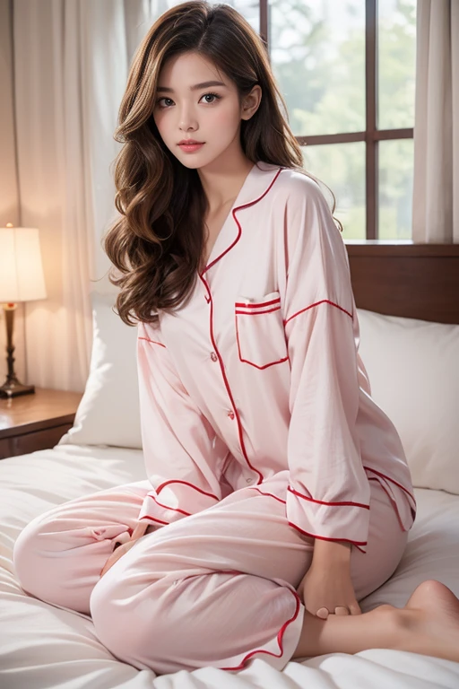 highest quality、4K、Perfect Face、Perfect Style、Sunburn、beautiful、cotton pajamas、、long curly layer brown hair、Swept-back hair、full body, in bedroom、no make up、in morning、sexy 、rming、healthy