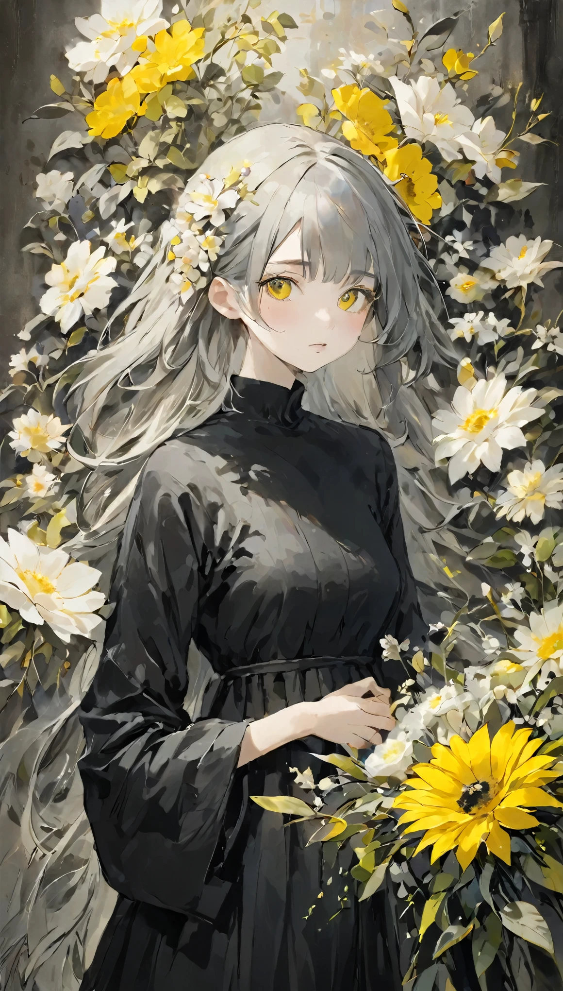 Beautiful woman、flower arrangement、Wabi-sabi art、Super detailed_face_Eye、非常に詳細なface、Black dress、White、grey、Yellow tones、parchment、抽象的flower arrangement、Three big flowers、surreal art、Silence、wallpaper、highest quality、Masterpiece、High resolution、8k