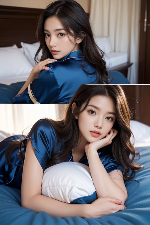 highest quality、4K、Perfect Face、Perfect Style、Sunburn、beautiful、silk dark blue pajamas、Mature、long curly layer brown hair、Swept-back hair、full body, in bedroom、no make up、in morning、sexy 、charming、healthy、she is sleeping.