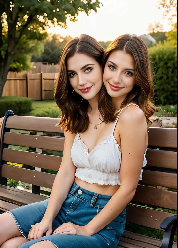 best resolution, 2 heads, woman with two heads, conjoined, blonde, short hair, long hair, eyeliner, 25 years old, at home, sitting on bench in the back yard,