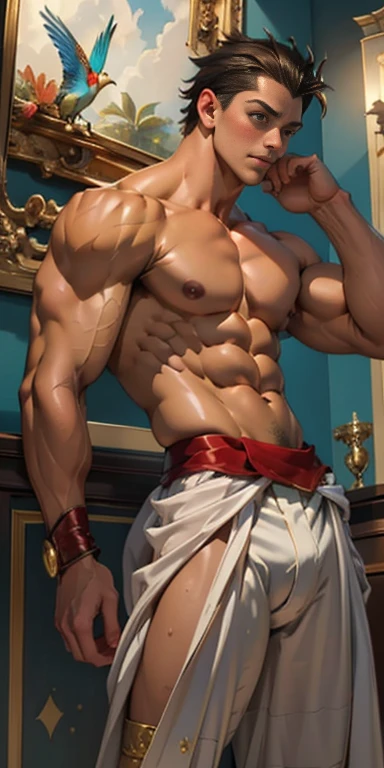 masterpiece, ((masterpiece)), Best quality, complex parts, perfect Whimsical, gentle, a little feminine face, detailed face, Highly detailed and fine figurine, ultra-realistic, detailed body, detailed pectoral muscles, ((Boy's focus)), detailed muscles, convex, (((A handsome boy, ))), athletic build, ((ideal body)), aesthetically beautiful, erotically tempting, seducing, offering himself With a beautiful sexy tango panti With round perfect buttocks, Rear view from bottom to top muscular, sweaty after a workout, In a Venetian mask with peacock and bird of paradise feathers, In White, red and gold colors, diamond chips all over the body , Watercolor, in the style of Caravaggio