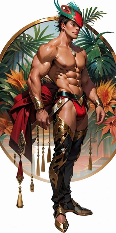 masterpiece, ((masterpiece)), Best quality, complex parts, perfect Whimsical, gentle, a little feminine face, detailed face, Highly detailed and fine figurine, ultra-realistic, detailed body, detailed pectoral muscles, ((Boy's focus)), detailed muscles, convex, (((A handsome boy, ))), athletic build, ((ideal body)), aesthetically beautiful, erotically tempting, seducing, offering himself With a beautiful sexy tango panti With round perfect buttocks, Rear view from bottom to top muscular, sweaty after a workout, In a Venetian mask with peacock and bird of paradise feathers, In White, red and gold colors, diamond chips all over the body , Watercolor, in the style of Caravaggio