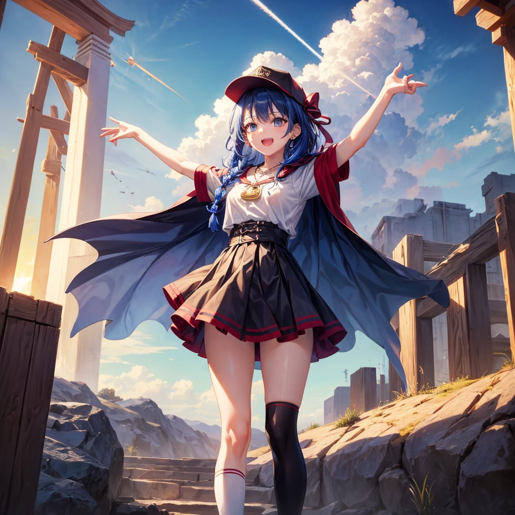 Red Blue Hair、Golden Eyes、Braid、One good looking girl、solo、anime、Checkered mini skirt、Ruffles on the skirt、Red T-shirt、Cape、Gothic、Black knee-high socks、Wearing a baseball cap、Wearing a ribbon、Ribbon on waist、Tilting face、Teeth are visible、Sunset sky、Piercing the clouds、Contrail、Cumulonimbus、Pillar of Light、Silver coin necklace、A world of light、Spreading his arms for balance、shine、Tap from above、bell、torii、Desert Oasis、Magic square in the sky