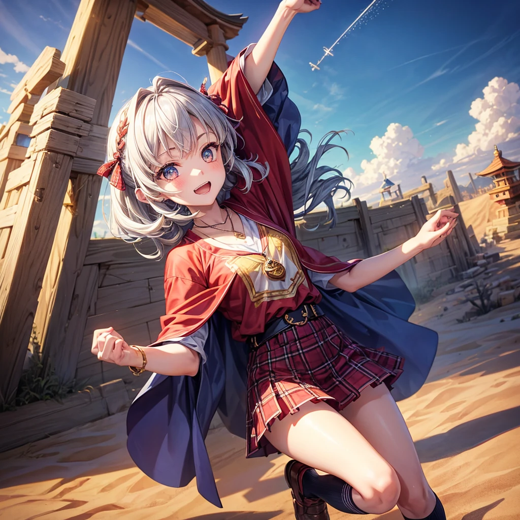 Red Blue Hair、Golden Eyes、Braid、One good looking girl、solo、anime、Checkered mini skirt、Ruffles on the skirt、Red T-shirt、Cape、Gothic、Black knee-high socks、Wearing a baseball cap、Wearing a ribbon、Ribbon on waist、Tilting face、Teeth are visible、Sunset sky、Piercing the clouds、Contrail、Cumulonimbus、Pillar of Light、Silver coin necklace、A world of light、Spreading his arms for balance、shine、Tap from above、bell、torii、Desert Oasis、Magic square in the sky