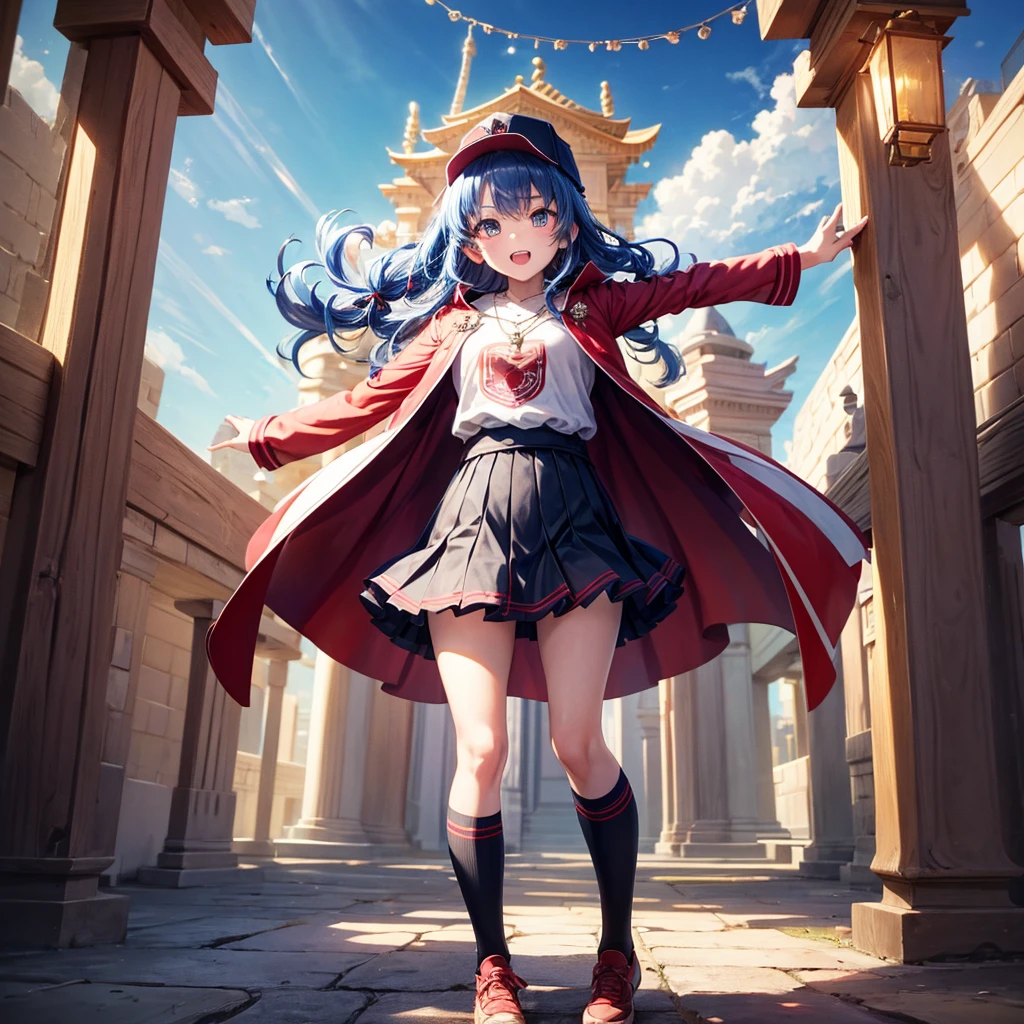 Red Blue Hair、Golden Eyes、Braid、One good looking girl、solo、anime、Checkered mini skirt、Ruffles on the skirt、Red T-shirt、Cape、Gothic、Black knee-high socks、Wearing a baseball cap、Wearing a ribbon、Ribbon on waist、Tilting face、Teeth are visible、Sunset sky、Piercing the clouds、Contrail、Cumulonimbus、Pillar of Light、Silver coin necklace、A world of light、Spreading his arms for balance、shine、Tap from above、bell、torii、Desert Oasis、Magic square in the sky