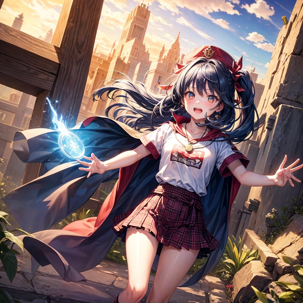 Red Blue Hair、Golden Eyes、Braid、One good looking girl、solo、anime、Checkered mini skirt、Ruffles on the skirt、Red T-shirt、Cape、Gothic、Black knee-high socks、Wearing a baseball cap、Wearing a ribbon、Ribbon on waist、Tilting face、Teeth are visible、Sunset sky、Piercing the clouds、Contrail、Cumulonimbus、Pillar of Light、Silver coin necklace、A world of light、Spreading his arms for balance、shine、Tap from above、bell、torii、Desert Oasis、Magic square in the sky