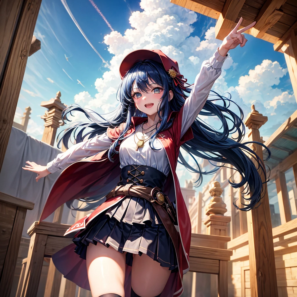 Red Blue Hair、Golden Eyes、Braid、One good looking girl、solo、anime、Checkered mini skirt、Ruffles on the skirt、Red T-shirt、Cape、Gothic、Black knee-high socks、Wearing a baseball cap、Wearing a ribbon、Ribbon on waist、Tilting face、Teeth are visible、Sunset sky、Piercing the clouds、Contrail、Cumulonimbus、Pillar of Light、Silver coin necklace、A world of light、Spreading his arms for balance、shine、Tap from above、bell、torii、Desert Oasis、Magic square in the sky