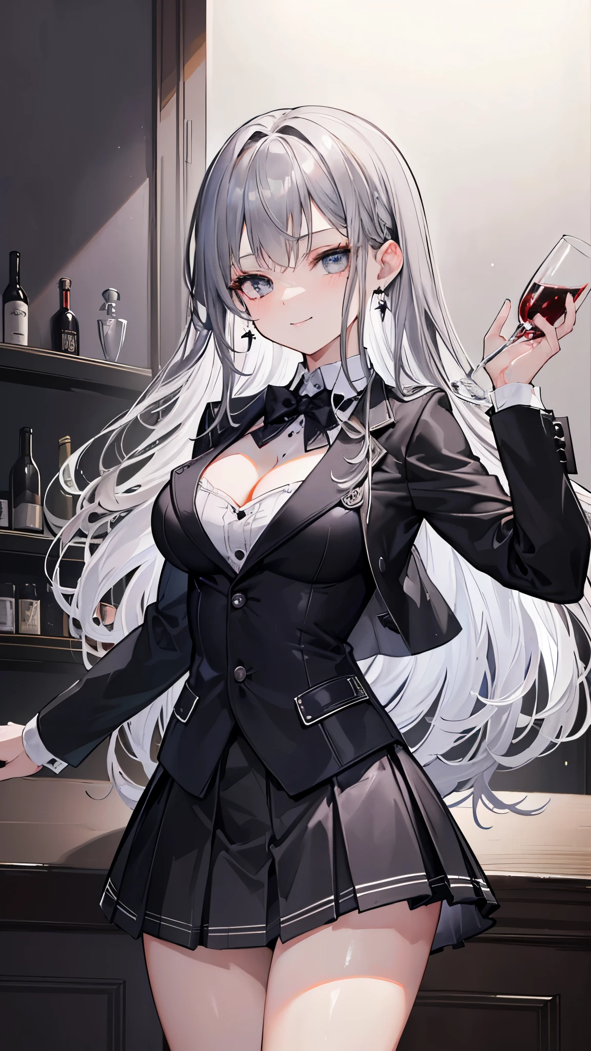 (8k、Best image quality、highest quality、masterpiece)、Detailed face、 One girl、Dark silver hair、Long Hair、Wavy Hair、Grey Eyes、Earrings、evil smile、Large Breasts、((suit jacket))、cleavage、((Black pleated skirt))、((micro miniskirt))、Cowboy Shot、counter、Wine Bottle、BAR Background