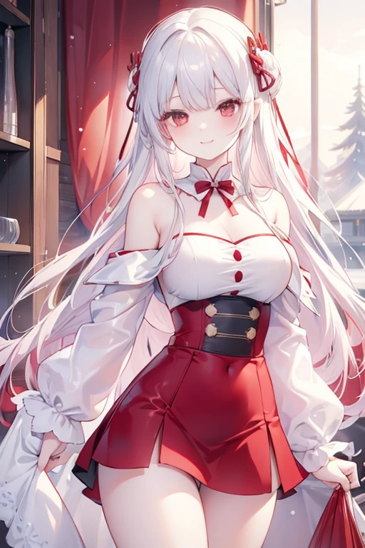 Work、best quality、Mature Women 1、very detailed　White hair、Red hair、gradation hair、Perm hair、long hair　santa dress、short skirt、off shoulder、skirt slit、panties　pee　snowy forest , smile 