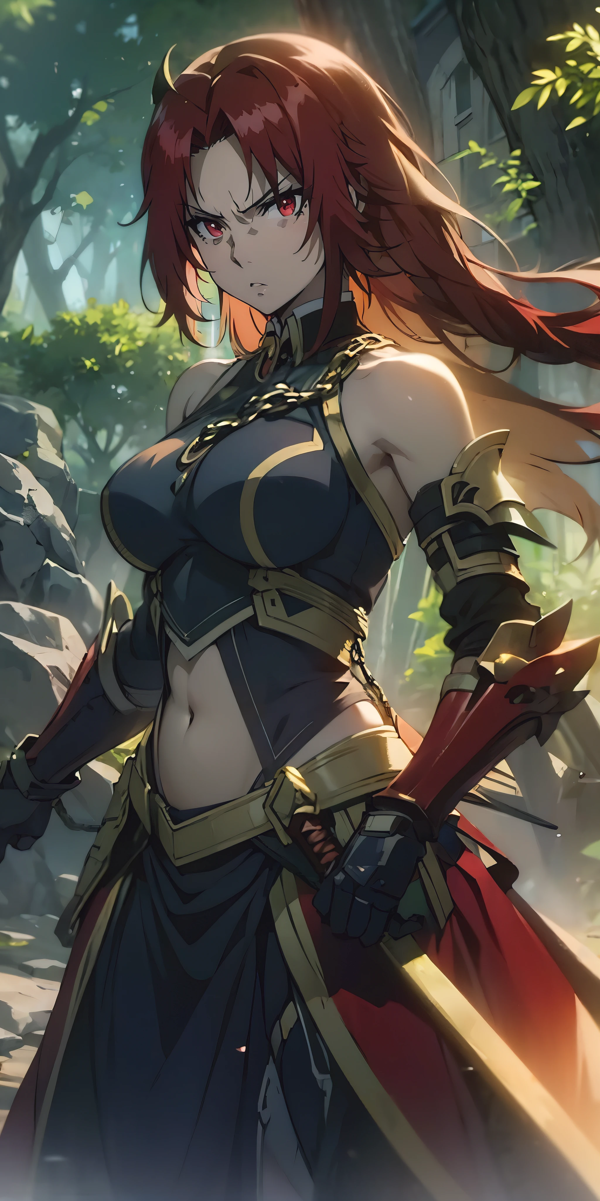 long hair, red hair, braid, red eyes, muscular female, curvy, anatomical correct, 1girl, solo, breasts, looking at viewer, gloves, bare shoulders, black gloves, plant, forest, crop top, rock, hair flowing over, groin, sword, holding sword, armor, chain, gauntlets, sword, armored dress, hollow eyes, red eyes,  lips, cheek, expressionless, glaring eyes, upper teeth, glowing eyes,