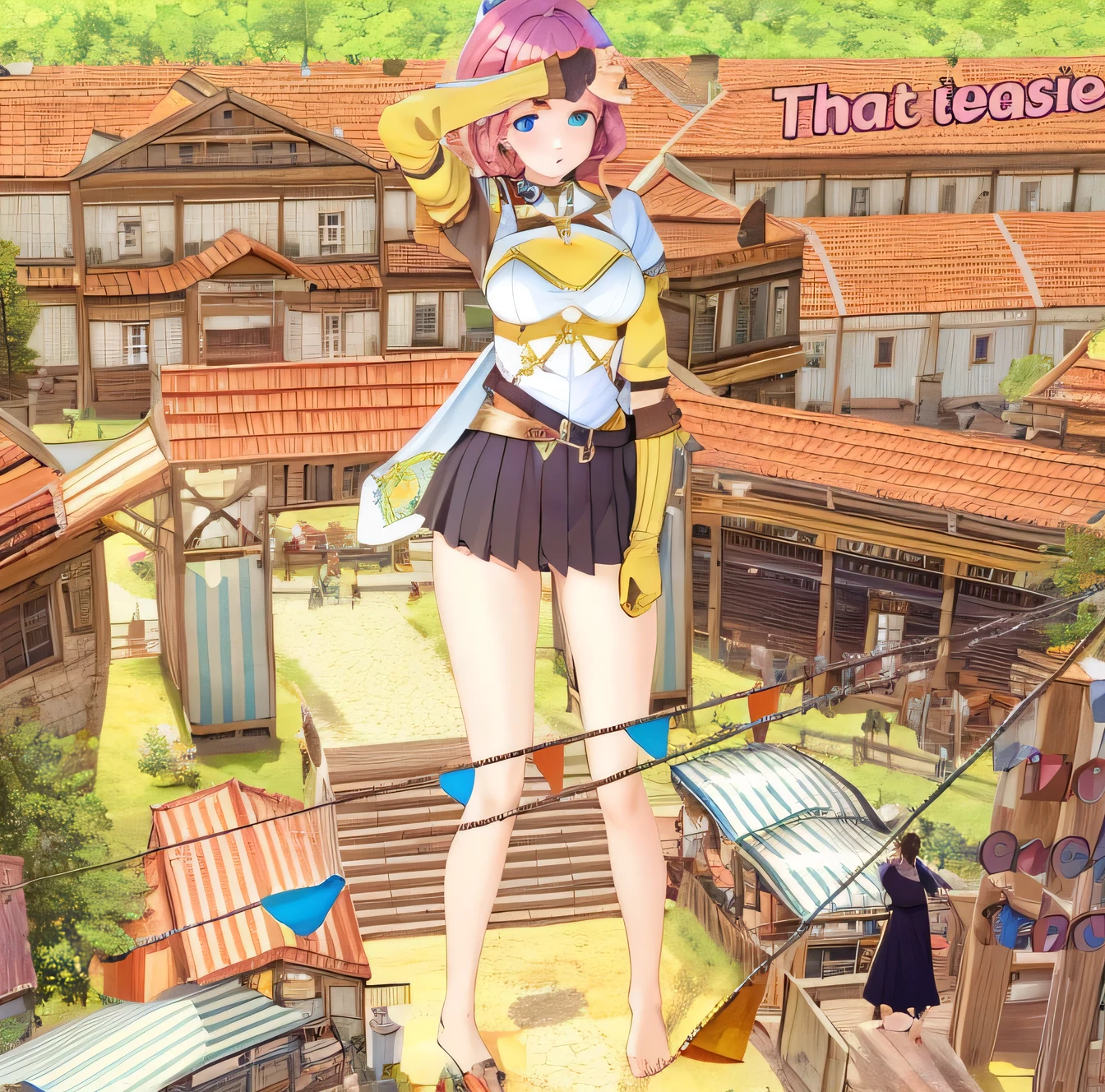 best quality, photorealistic, 8k, high res, 1girl, (large breast), (professional lighting, bokeh), (fantasy), (medieval town), (day),(pink hair), (blue eyes), (portrait), gorgeous, bloom, gts, no text, toned, thick thighs, barefeet, arm in air