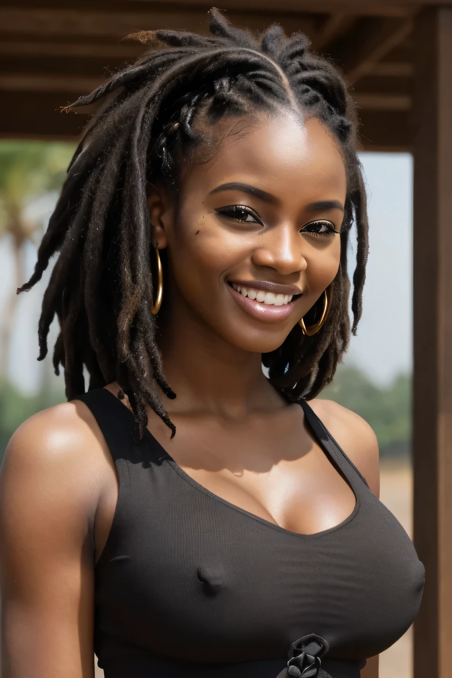 Sexy women pictures, (African woman, Black Hair、 An athletic body, Average breast size, Brown eyes, Skin beauty: 1.3), Dreadlocks、blouse、smile, Beautiful teeth alignment、(Head&#39;artwork, highest quality, Intricate details, Very detailed:1.2),  (A person with a dark mood: 1.5), 、Crivage, Saggy breasts, Narrow waist, Looking at the camera, Bokeh

