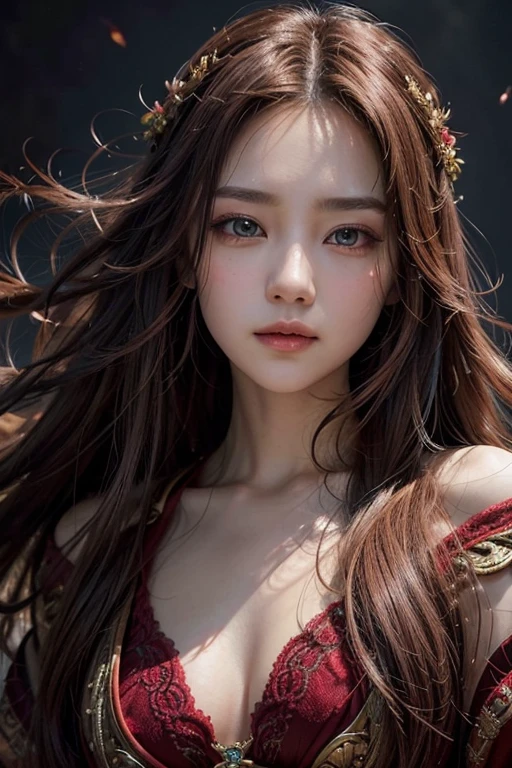 In a captivating display of color and light, an lady enchants viewers with her otherworldly charm. Her delicate features are accentuated by flowing strands of shimmering red brown while her expressive eyes exude emotion.