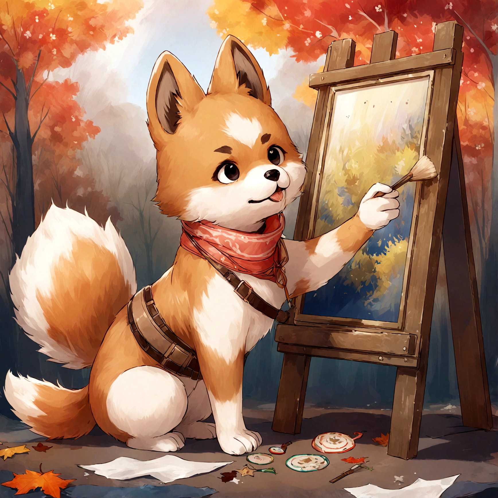 A creative canine artist thoughtfully brushing strokes on a canvas set in a tranquil woodland.