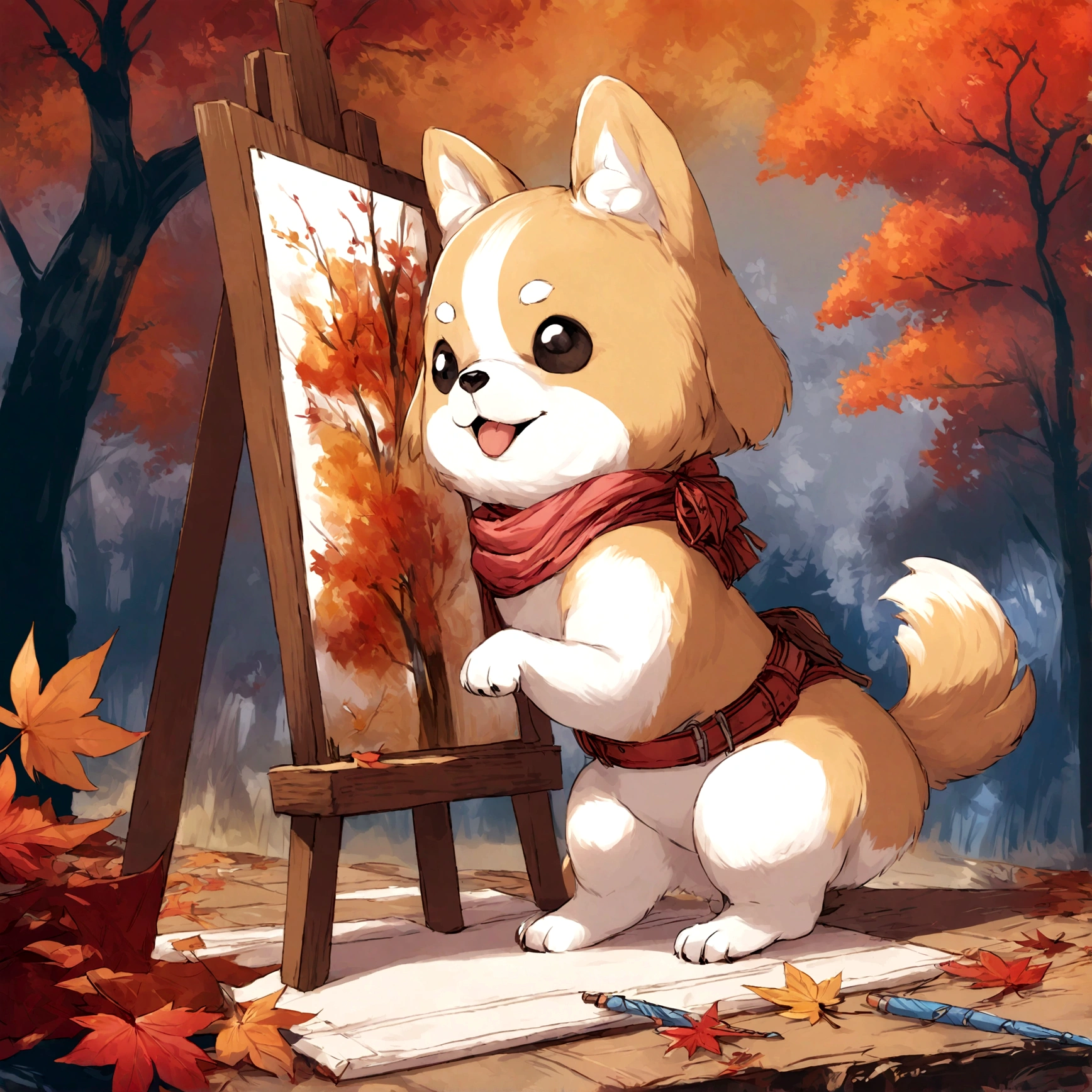 A painterly pup surrounded by a cascade of fall leaves, capturing the essence of the season.